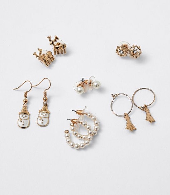 6 Pack Pearl Xmas Earrings - Gold 