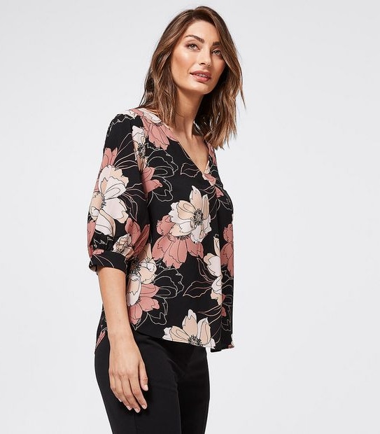 Preview Elbow Length Sleeve Shell Top - Pink Line Floral