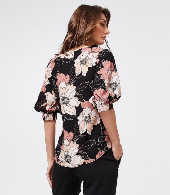 Preview Elbow Length Sleeve Shell Top - Pink Line Floral