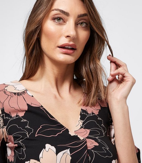 Preview Elbow Length Sleeve Shell Top - Pink Line Floral