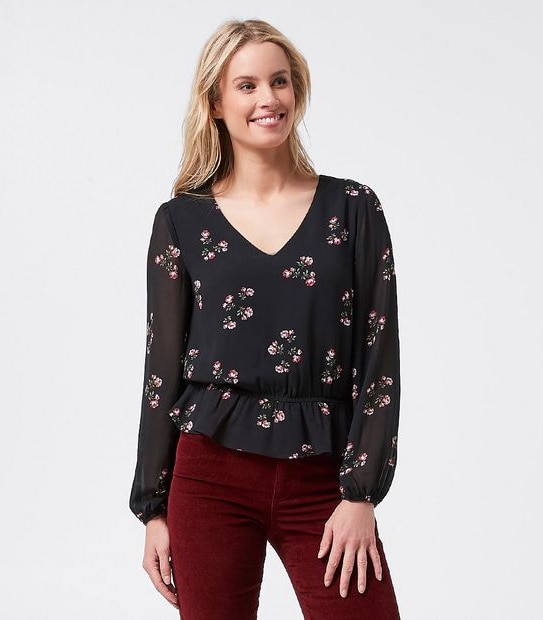 Lily Loves Elastic Waist Peplum Blouse - Black Floral