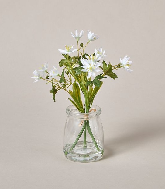 Faux Jasmine Flowers in Glass Vase