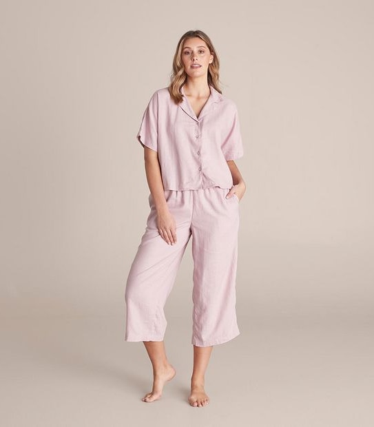 Linen Blend 7/8 Pant and Shirt Sleep Pyjama Set