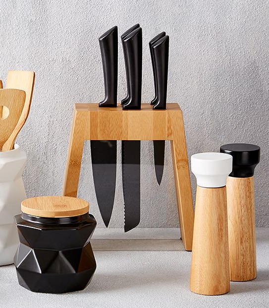 6 Piece Bamboo and Black Knife Set