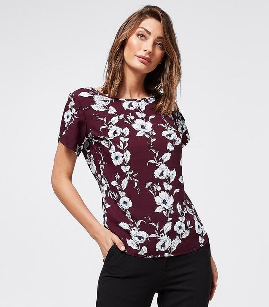 Preview Evie Tulip Sleeve Blouse - Burgundy Flat Floral