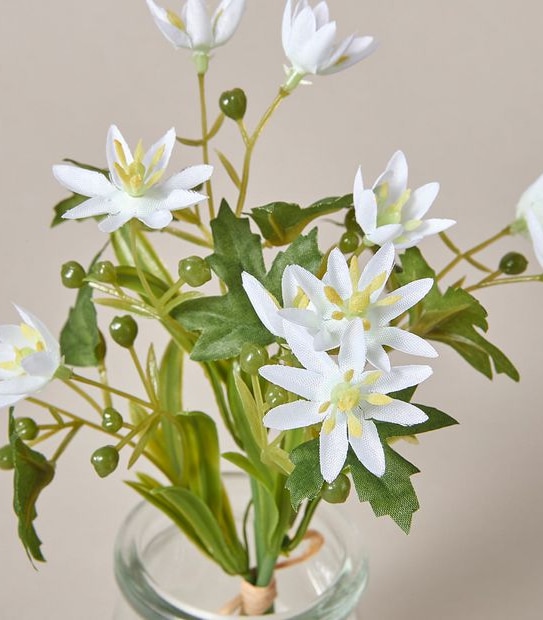 Faux Jasmine Flowers in Glass Vase