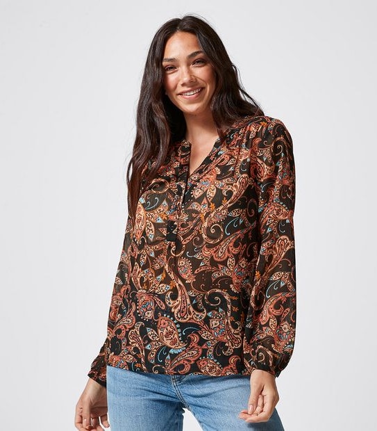 Long Sleeve Notch Neck Blouse