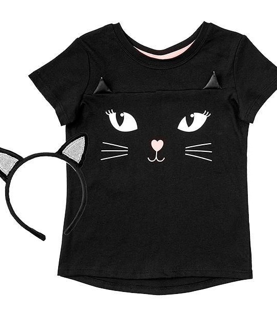Halloween Cat Print T-Shirt With Bonus Cat Ear Headband
