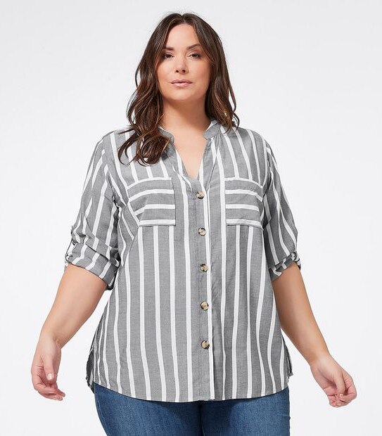 Belle Curve Grandad Shirt - Grey/White Stripe