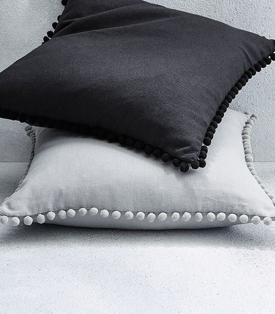 Linen Cotton Pom Pom Cushion 45cm