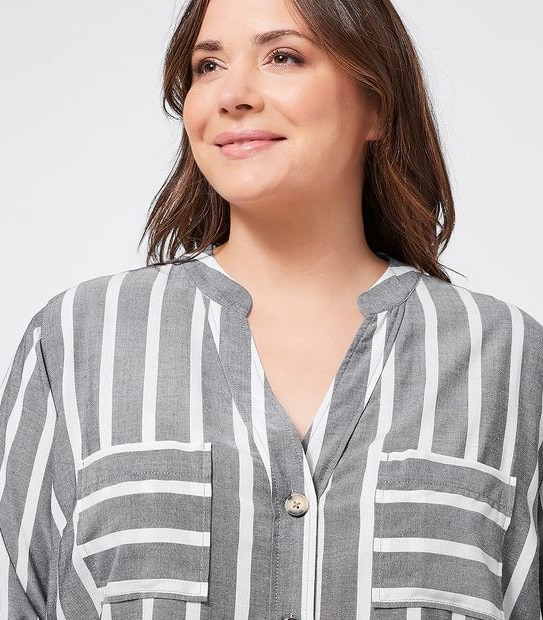 Belle Curve Grandad Shirt - Grey/White Stripe