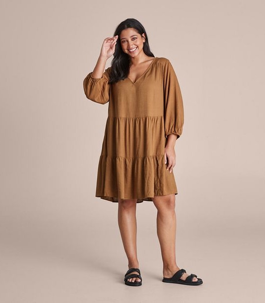 Curve Linen Blend Tiered Dress