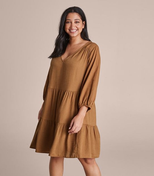 Curve Linen Blend Tiered Dress