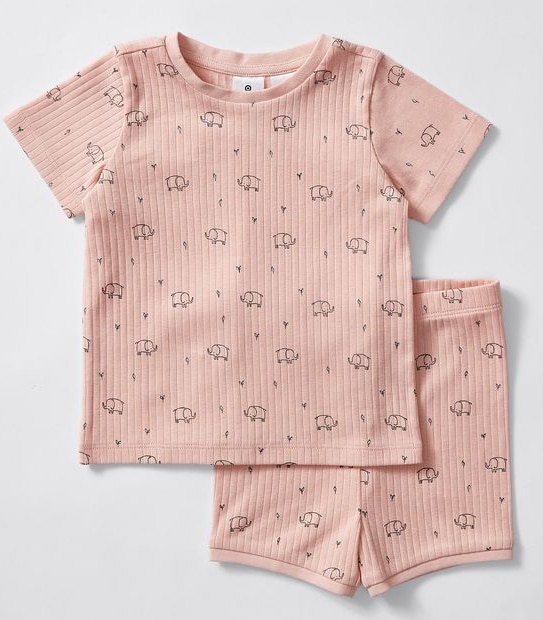 Baby Organic Cotton Elephant Print Rib Pyjama Set - Pink