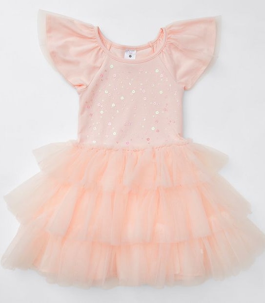 Layered Tulle Flutter Sleeve Dress - Pink