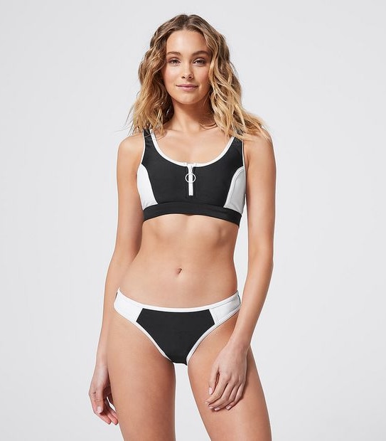 Zip Front Femme Sport Swim Bikini Top - Black/White