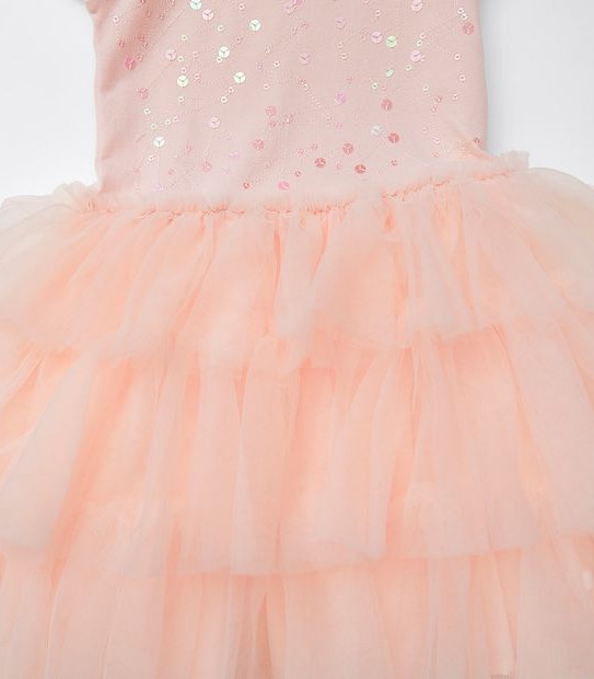 Layered Tulle Flutter Sleeve Dress - Pink