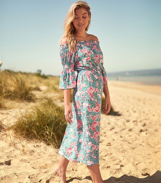 Off The Shoulder Coverup Dress - Green Floral