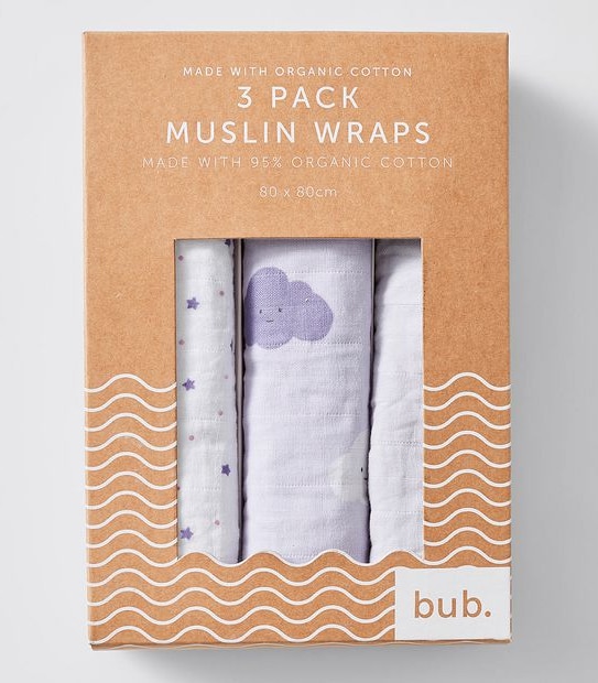Baby Organic Cotton 3 Pack Muslin Wraps - 80 x 80cm