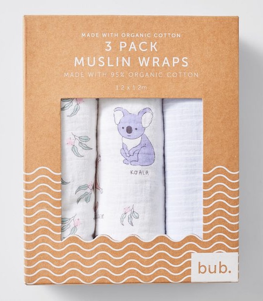 Baby Organic Cotton 3 Pack Muslin Wraps - Australian Animals