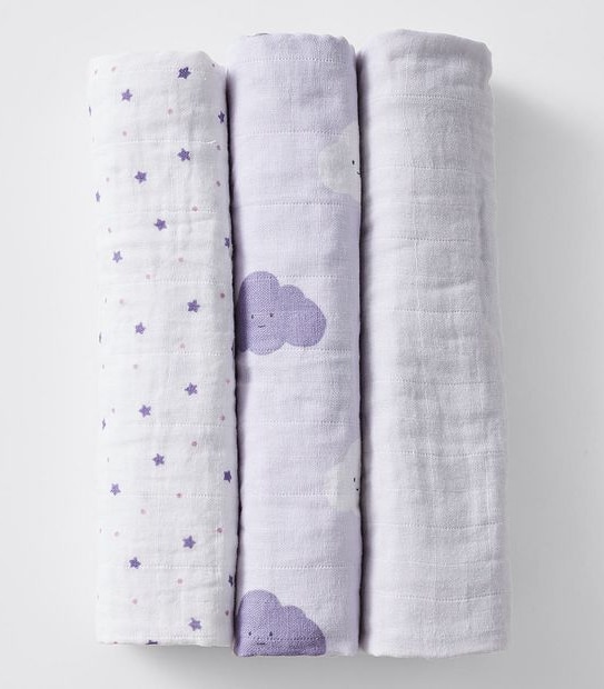 Baby Organic Cotton 3 Pack Muslin Wraps - 80 x 80cm