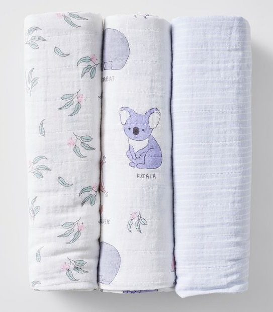 Baby Organic Cotton 3 Pack Muslin Wraps - Australian Animals