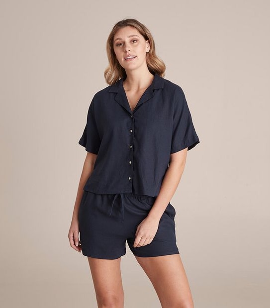 Linen Blend Shorts and Shirt Sleep Pyjama Set