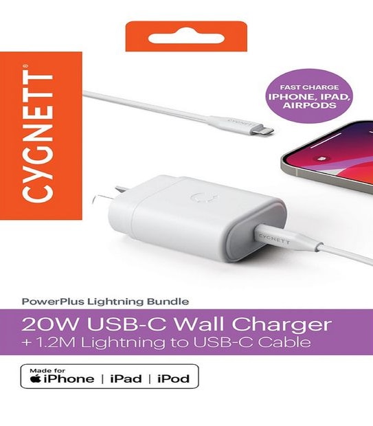 Cygnett Powerplus 20W USB-C Wall Charger & 1.2m Lightning to USB-C Cable,  White