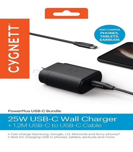 Cygnett Powerplus 25W USB C Wall Charger & 1.2m USB-C to USB-C Cable, Black