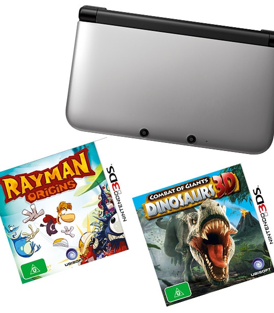 Nintendo 3DS XL Silver With Rayman Origins + Combat of Giants Dinosaurs 3D - Available Now For Presale