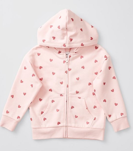 Glitter Heart Print Zip Thru Hoodie - Pink