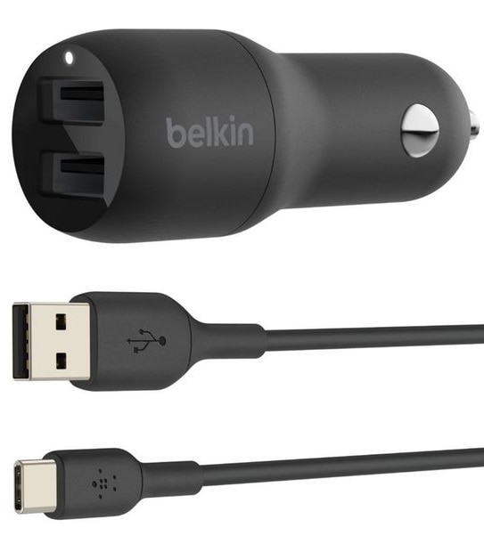 Belkin Boost Charge&trade; Dual USB-A Car Charger 24W + USB-A to USB-C&reg; Cable - Black
