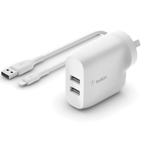 Belkin Boost Charge&trade; Dual USB-A Wall Charger 24W + Lightning to USB-A Cable - White