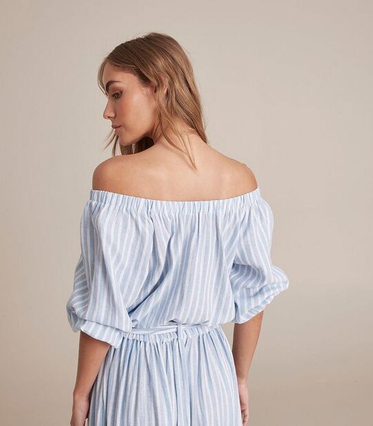 Linen Blended Off Shoulder Blouson Blouse