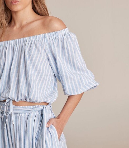 Linen Blended Off Shoulder Blouson Blouse