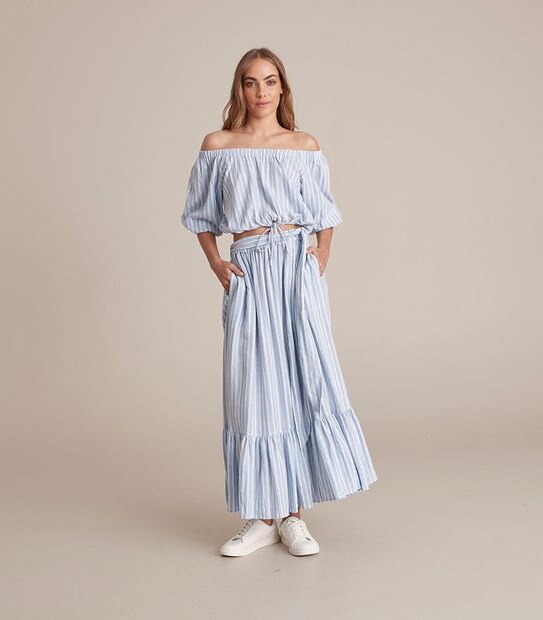 Linen Blended Off Shoulder Blouson Blouse