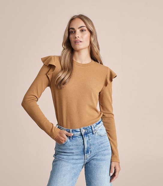 Long Frill Sleeve Rib T-Shirt
