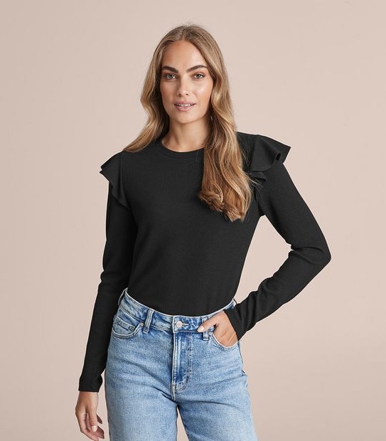 Long Frill Sleeve Rib T-Shirt