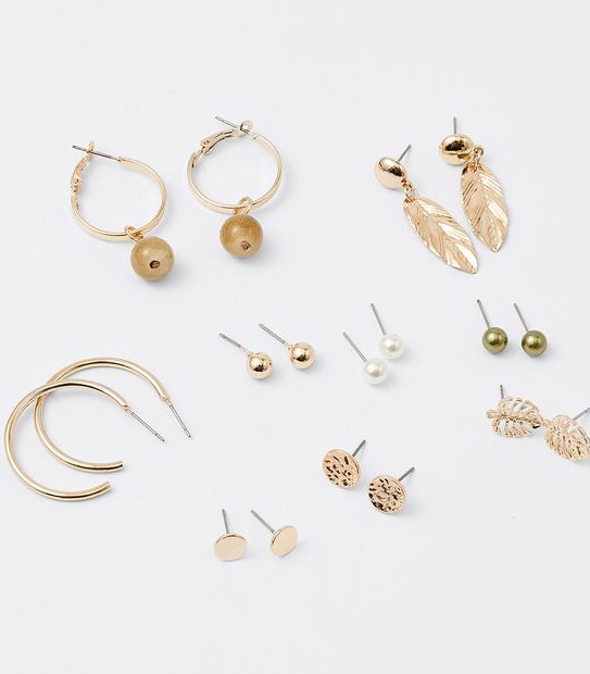 9 Pack Stud Leaf Earrings - Gold