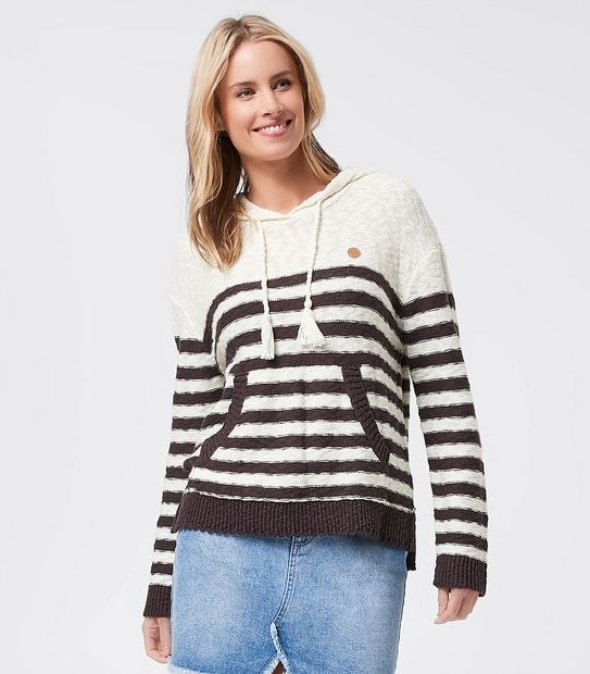 Piping Hot Chunky Pullover Knitted Hoodie Jumper - Cream/Black Stripe