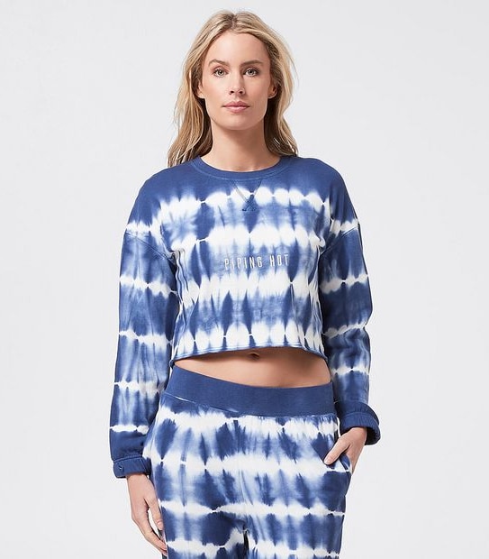 Piping Hot Crop Crew Jumper - Blue/White Tie Dye