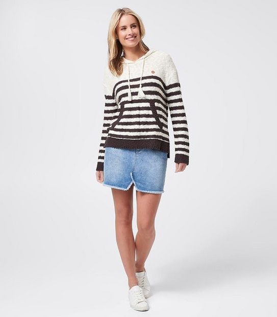 Piping Hot Chunky Pullover Knitted Hoodie Jumper - Cream/Black Stripe