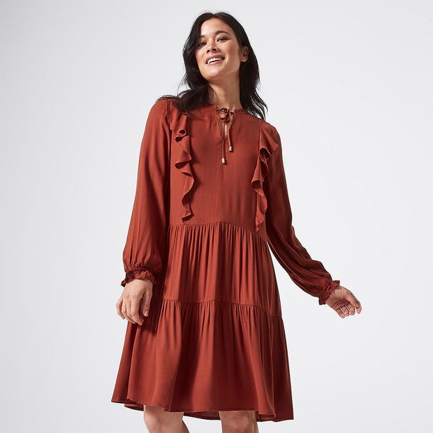 Long Sleeve Tiered Dress - Burnt Henna 