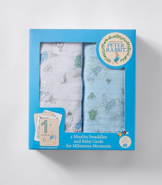 Peter Rabbit 2 Pack Muslin Swaddles and Baby Milestone Cards
