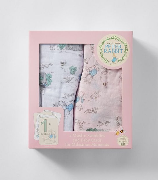 Peter Rabbit 2 Pack Muslin Swaddles and Baby Milestone Cards