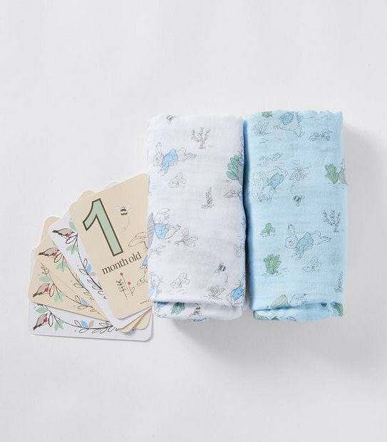 Peter Rabbit 2 Pack Muslin Swaddles and Baby Milestone Cards