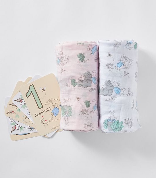 Peter Rabbit 2 Pack Muslin Swaddles and Baby Milestone Cards