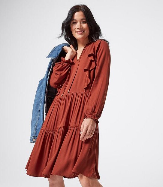 Long Sleeve Tiered Dress - Burnt Henna Orange