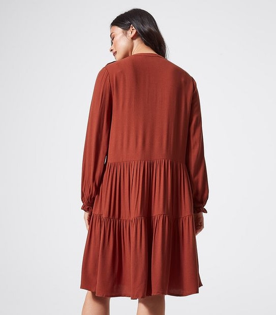 Long Sleeve Tiered Dress - Burnt Henna Orange