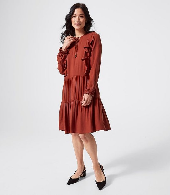 Long Sleeve Tiered Dress - Burnt Henna Orange